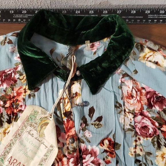 Aratta Silent Journey Floral Flower Blouse Button Down Shirt Velvet Collar Small - Picture 2 of 16